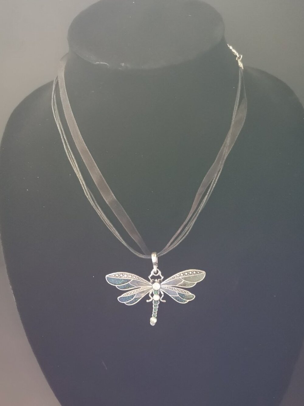 Dragonfly Dark Green w/ Silver Tone & Rhinestones Pendant Necklace Cord & Ribbon